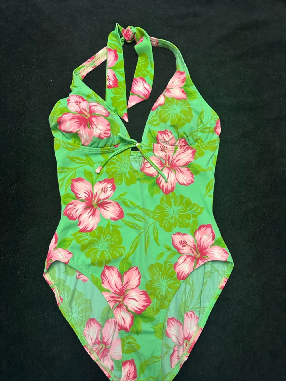 Women’s St Tropez Green with Hawaiian pink flowers halter One-Piece Swimsuit